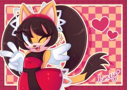  1girl absurdres animal_ears body_fur brown_eyes brown_hair cat_ears cat_girl cat_tail character_name checkered_background commentary dress english_commentary faburin flat_chest furry furry_female gloves heart highres honey_the_cat long_hair one_eye_closed red_dress sonic_(series) sonic_the_fighters sonic_the_hedgehog_(classic) tail twintails upper_body white_gloves wings yellow_fur 