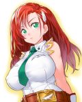  1girl bare_shoulders belt breasts cliana_rimskaya earrings erect_nipples feather female gloves green_eyes hair_ornament huge_breasts impossible_clothes impossible_shirt looking_at_viewer necktie onsoku_maru redhead simple_background solo standing super_robot_wars upper_body white_gloves 