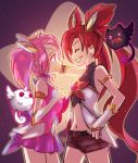  2girls alternate_costume alternate_hairstyle closed_eyes gloves headband jewelry jinx_(league_of_legends) kuro_(league_of_legends) league_of_legends long_hair luxanna_crownguard magical_girl multiple_girls pink_hair redhead shiro_(league_of_legends) shorts skirt smile star_guardian_jinx star_guardian_lux tied_hair twintails 