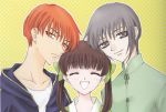  1girl 2boys brown_hair fruits_basket grey_hair honda_tooru multiple_boys orange_hair smile souma_kyou souma_yuki takaya_natsuki tied_hair twintails 