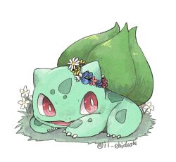  bright_pupils bulbasaur claws colored_skin flower green_skin head_wreath ii_ebidashi on_grass open_mouth pokemon red_eyes white_background white_pupils 