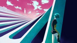  2others antarcticite aqua_hair bike_shorts black_gloves black_jacket black_necktie black_shorts clouds end_card gloves houseki_no_kuni jacket looking_at_another multiple_others necktie nishikawa_youichi official_art phosphophyllite photoshop_(medium) pink_sky short_hair shorts sky sloudy_sky sparkle standing white_hair white_jacket white_shorts 