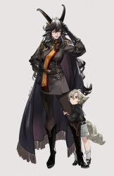  1boy 1girl animal_ears arknights bassline_(arknights) belt black_belt black_cape black_coat black_footwear black_gloves black_hair black_shirt boots brown_pantyhose cape coat commentary_request epaulettes full_body gloves goat_ears goat_girl goat_horns grey_background grey_hair grey_shorts highres hildegard_grimmacht horns hugging_another&#039;s_leg kawaguchi_(mojacome) long_hair long_sleeves looking_up mary_janes one_eye_closed pantyhose red_eyes sash scratching_head shirt shoes short_hair shorts signature simple_background socks tail violet_eyes wavy_hair white_socks wolf_boy wolf_ears wolf_tail 