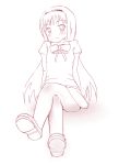  1girl akemi_homura child dress drizzlea eyebrows hairband long_hair looking_at_viewer mahou_shoujo_madoka_magica monochrome open_mouth shiny shiny_skin shoes simple_background sitting solo white white_background 