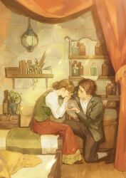  1boy 1girl anne_sallow bed blunt_bangs brother_and_sister brown_hair closed_eyes fig food fruit hair_bun highres hogwarts_legacy indoors kneeling long_skirt merula_schwarz sebastian_sallow short_hair siblings sitting skirt tears wizarding_world 