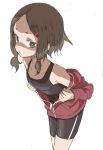  1girl bike_shorts brown_hair character_request copyright_request female hair_clip off_shoulder simple_background solo track_suit white_background yamamoto_souichirou 