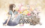  alice:_madness_returns alice_(wonderland) alice_in_wonderland american_mcgee&#039;s_alice apron brown_hair cat cheshire_cat dress long_hair necklace striped_legwear thigh-highs 