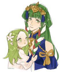  2girls aged_down braid breasts child closed_mouth clothing_cutout fire_emblem fire_emblem:_three_houses flower green_eyes green_hair hair_flower hair_ornament hair_ribbon highres julianlynnnn long_hair looking_at_another looking_at_viewer medium_breasts mother_and_daughter multiple_girls open_mouth pointy_ears rhea_(fire_emblem) ribbon ribbon_braid shirt simple_background smile sothis_(fire_emblem) tiara twin_braids upper_body white_background 