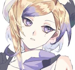  1girl bare_shoulders beret black_gloves blonde_hair gloves hat jean_bart_(kancolle) kantai_collection mole mole_under_eye multicolored_hair parted_lips peach_ibuki portrait purple_hair scarf short_hair simple_background solo violet_eyes white_background 