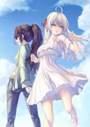  2girls absurdres ahoge alisa_mikhailovna_kujou arm_behind_back bare_shoulders black_hair blue_eyes blue_sky breasts clouds commentary_request detached_sleeves dress frilled_dress frilled_sleeves frills from_below hair_ribbon half-closed_eyes highres jacket long_hair looking_at_viewer looking_back medium_breasts multiple_girls open_clothes open_jacket pants ponytail red_ribbon ribbon second-party_source sky spaghetti_strap standing suou_yuki tenmaso tokidoki_bosotto_roshia-go_de_dereru_tonari_no_alya-san white_dress white_hair 