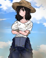  1girl absurdres belle_(girls_und_panzer) black_eyes black_hair blue_overalls blue_sky breasts brown_gloves brown_hat closed_mouth clouds cloudy_sky commentary cowboy_hat crossed_arms day dirty dirty_face frown girls_und_panzer gloves hat highres looking_to_the_side medium_breasts medium_hair moesenyukikaze outdoors overalls overalls_pull shirt short_sleeves sky solo standing straw_hat t-shirt white_shirt 