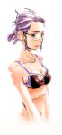  1girl bra brown_eyes cleavage collarbone female glasses looking_at_viewer navel purple_hair simple_background solo tnsdl85 upper_body white_background 