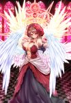  1girl ahoge angel angel_wings bare_shoulders black_gloves blush breasts brown_hair cleavage dress earrings female flower gloves hair_ornament highres huge_breasts jewelry jotti long_hair long_skirt looking_at_viewer magic_circle navel necklace original red_eyes skirt smile solo standing white_feathers white_wings wings 