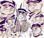  animalization artist_request cat character_sheet eating golden_kamuy hat no_humans partially_colored peaked_cap rifle scar scarf sugimoto_saichi weapon white_background 