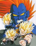  4boys 90s android android_13 angry dragon_ball dragonball_z energy evil fangs flying looking_at_viewer male_focus multiple_boys muscle orange_hair scan serious solo_(artist) son_gokuu super_saiyan sword trunks_(dragon_ball) vegeta weapon 