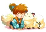  1boy bow cheek-to-cheek closed_eyes fang fox_tail inuyasha kirara kitsune leaf_print open_mouth orange_hair pixiv_id_4054463 pointy_ears ponytail shippou_(inuyasha) sitting smile vest 