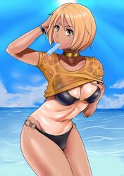  1girl bikini bracelet breasts brown_eyes brown_hair choker cholesenel cleavage jewelry large_breasts looking_at_viewer mouth_hold norma_beatty ocean one-piece_tan popsicle shiny shiny_hair shiny_skin shirt short_hair solo sunburn sweat swimsuit tales_of_(series) tales_of_legendia tan tanline wet wet_clothes 