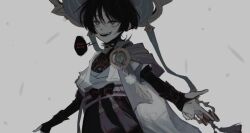  1boy anemo_symbol_(genshin_impact) aqua_kimono aqua_sleeves armor bags_under_eyes belt black_belt black_bodysuit black_bow black_eyes black_hair black_mouth black_shorts blue_cape blue_hat blunt_ends bodysuit bow bridal_gauntlets bright_pupils cape english_text evil_smile feathers ff9900 genshin_impact gold grey_background han&#039;eri hat japanese_armor japanese_clothes jingasa kimono kote kurokote layered_clothes layered_kimono layered_sleeves male_focus open_clothes open_hands open_kimono open_mouth outstretched_arms pom_pom_(clothes) purple_rope purple_sash rope sash scaramouche_(genshin_impact) short_sleeves shorts smile solo speech_bubble spread_arms tassel taunting teeth three_quarter_view vision_(genshin_impact) wanderer_(genshin_impact) white_kimono white_pupils white_sleeves white_trim yellow_feathers 