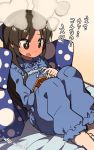  1girl barefoot bed blush brown_hair copyright_request feet full-face_blush long_hair pajamas pillow sitting solo steam text translation_request 