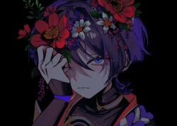  1boy armor black_background black_bodysuit black_kimono black_sleeves blunt_ends bodysuit closed_mouth curled_fingers daisy eyelashes eyeliner eyeshadow ff9900 flower genshin_impact gold hair_flower hair_intakes hair_ornament han&#039;eri hand_over_eye highres japanese_armor japanese_clothes jewelry kimono kote kurokote layered_clothes layered_kimono leaf looking_at_viewer makeup male_focus neck_ring open_clothes open_kimono purple_flower purple_hair purple_rope red_eyeliner red_eyeshadow red_flower red_kimono ringed_eyes rope scaramouche_(genshin_impact) shimenawa solo violet_eyes white_flower white_rope 
