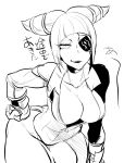  1girl ass bodysuit breasts cleavage drill_hair eyepatch female han_juri marimo_(yousei_ranbu) monochrome simple_background solo street_fighter street_fighter_iv twin_drills white_background 