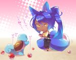  1girl animal_ears blue_hair brown_eyes cellphone chibi dark_skin fox_ears fox_tail halftone halftone_background holding holding_phone long_hair looking_at_another multiple_tails open_mouth original outstretched_arms phone poke_ball pokemon pokemon_go ponytail shaneru smartphone squirtle standing sweatdrop tail translated very_long_hair yellow_eyes 
