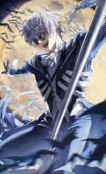  1boy bat_(animal) batori_112234 bishounen black_crown contrapposto crown diamond_hairband formal full_moon gloves halloween highres jacket long_sleeves looking_at_viewer male_focus missing_tooth moon moonlight open_mouth pinstripe_jacket pinstripe_pattern pinstripe_suit pinstripe_vest round_eyewear short_hair skeleton skeleton_print skully_j._graves smile solo stitches striped_clothes striped_jacket striped_vest suit sunglasses the_nightmare_before_christmas twisted_wonderland vertical-striped_clothes vertical-striped_jacket vertical-striped_vest vest white_hair 