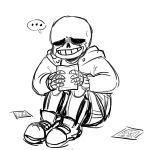  ... 1boy coat commentary crying grin highres male_focus monochrome no_humans oxi_(oxidization) photo_(object) sans shoes shorts simple_background sitting skeleton sketch smile solo spoilers spoken_ellipsis tears undertale white_background 