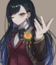  1girl barbarpapa7 black_bow black_bowtie black_hair black_jacket blue_hair bow bowtie buttons closed_mouth collared_shirt commentary_request dark_blue_hair dress_shirt flower formal gradient_hair grey_background hair_ornament hairclip highres jacket lapels layered_sleeves long_sleeves looking_at_viewer multicolored_hair one_eye_closed orange_eyes orange_ribbon orange_trim pocket project_sekai red_vest ribbon shiraishi_an shirt simple_background solo star_(symbol) star_hair_ornament striped_sleeves suit unbuttoned upper_body vest waistcoat white_shirt yellow_flower 