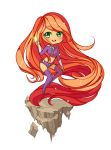  1girl alien boots chibi dc_comics flying green_eyes long_hair long_sleeves midriff open_mouth orange_hair purple_shoes shorts smile starfire thigh_boots transparent_background very_long_hair 