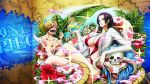  1boy 1girl black_hair blue_eyes boa_hancock breasts cleavage cocktail copyright_name flower hibiscus large_breasts long_hair looking_at_viewer one_piece sanji snake 