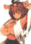  1girl arm_up armpits bare_shoulders breasts brown_eyes brown_hair cleavage female hair_ornament hand_behind_head huge_breasts japanese_clothes kantai_collection kongou_(kantai_collection) long_hair looking_at_viewer no_bra open_clothes open_mouth rokuhara_(10687811) simple_background solo standing upper_body white_background 
