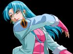  1girl aqua_hair arm_up bandai_namco banpresto blue_hair coat earrings glacies gloves jacket jewelry long_hair long_sleeves smile solo super_robot_wars super_robot_wars_destiny super_robot_wars_original_generation upper_body yellow_eyes 