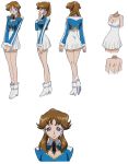  00s 1girl ass back breasts brown_hair character_sheet cleavage cleavage_cutout female full_body long_hair momozono_momoko official_art ponytail shinkon_gattai_godannar!! skirt smile solo uniform violet_eyes 