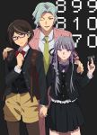  1boy 2girls aqua_hair blue_eyes braid brown_hair card dangan_ronpa dangan_ronpa_kirigiri formal glasses grey_background hair_intakes hand_holding hand_on_shoulder kirigiri_kyouko lavender_eyes lavender_hair multiple_girls nanamura_suisei number okuragon pink_eyes pink_suit pinstripe_suit pleated_skirt purple_ribbon red_ribbon ribbon samidare_yui school_uniform short_hair shorts simple_background skirt striped suit twin_braids yellow_shorts 