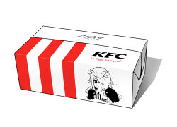  1girl absurdres arknights bitey_(arknights) blush box cardboard_box chewing chibi commentary_request company_name copyright_name dusk_(arknights) eating hair_over_one_eye highres horns kfc long_hair one_eye_covered pointy_ears product_placement rinereeto simple_background slogan solo white_background 