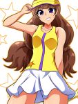  1girl amanogawa_kirara aokura_shou brown_hair go!_princess_precure highres long_hair looking_at_viewer precure racket simple_background skirt smile solo star starry_background tennis tennis_racket tennis_uniform twintails violet_eyes visor_cap 