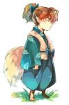  1boy barefoot bow brown_hair inuyasha kitsune leaf_print lowres male_focus ponytail shippou_(inuyasha) solo standing vest 