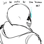  1boy coat commentary english glowing glowing_eye grin highres looking_back male_focus monochrome no_humans oxi_(oxidization) sans simple_background skeleton sketch smile solo spot_color undertale white_background 