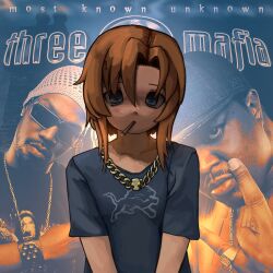  1girl absurdres androgynous black_shirt blue_eyes chain chain_necklace commentary english_commentary highres jewelry joint_(drug) necklace orange_hair original shirt smoking solo t-shirt three_6_mafia upper_body zoolpal 