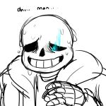  1boy coat commentary english glowing glowing_eye grin highres male_focus monochrome no_humans oxi_(oxidization) sans simple_background skeleton sketch smile solo spot_color undertale white_background 