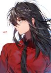  1boy alternate_costume alternate_form black_hair black_necktie brown_eyes chest collared_shirt dress_shirt expressionless inuyasha inuyasha_(character) inuyasha_(human) long_hair looking_to_the_side male_focus messy_hair necktie red_shirt shiny shiny_hair shirt simple_background sukja upper_body white_background 