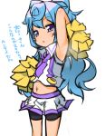  1boy armpits bike_shorts blue_eyes blue_hair child cowboy_shot eyebrows eyebrows_visible_through_hair fukurou_(owl222) hacka_doll hacka_doll_3 hair_ornament holding long_hair looking_at_viewer navel open_mouth pom_poms simple_background solo standing trap white_background 