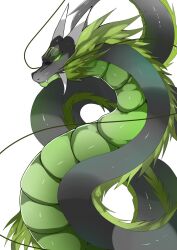  closed_mouth colored_sclera creature dragon dragon_horns eastern_dragon fang glowing glowing_eye green_fur green_sclera highres horns no_humans nostrils original ryuuichirou_(dragonryuusuki) simple_background very_long_tail whiskers white_background 