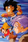  1girl 2boys 90s android black_hair dragon_ball dragon_ball_gt jumping machine male_focus multiple_boys pan_(dragon_ball) scan short_hair son_gokuu trunks_(dragon_ball) yamamuro_tadayoshi 