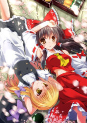  2girls apron arms_behind_head ascot bento blonde_hair blurry bow braid brown_eyes brown_hair closed_mouth commentary_request depth_of_field detached_sleeves falling_petals food frilled_bow frilled_hair_tubes frills hair_bow hair_tubes hakurei_reimu hat hat_bow kirisame_marisa long_hair lying midriff_peek multiple_girls navel no_headwear onigiri petals pink_petals puffy_short_sleeves puffy_sleeves purple_bow red_bow red_skirt reitaisai ribbon-trimmed_sleeves ribbon_trim short_sleeves side_braid single_braid skirt skirt_set smile touhou unworn_headwear waist_apron witch_hat yamu_(reverse_noise) yellow_ascot yellow_eyes 