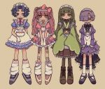  4girls apron bangs black_footwear blue_dress blue_eyes blue_hair blunt_bangs boots bow brown_footwear dress frilled_apron frills gloves green_dress green_eyes green_hair hair_bow long_hair long_sleeves maid multiple_girls original pink_apron pink_bow pink_dress pink_hair purple_dress purple_hair red_eyes sakura_szm shoes short_hair short_sleeves sleeves_past_wrists socks standing sticker very_long_hair violet_eyes white_apron white_footwear white_gloves white_legwear wide_sleeves 