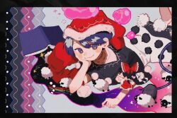  2girls :3 abstract_background black_border black_dress black_hair blob blush book border bow closed_mouth commentary_request counting_sheep doremy_sweet dress feet_out_of_frame grey_background hair_bow hakurei_reimu hat head_rest highres jumping long_hair looking_at_viewer lying mini_person minigirl minimized multiple_girls nanji_shao nightcap on_stomach open_book pom_pom_(clothes) purple_hair rainbow red_bow red_hat red_skirt red_vest sheep shooting_star short_hair short_sleeves size_difference skirt smile sparkle star_(symbol) tail touhou two-tone_dress vest violet_eyes white_dress 