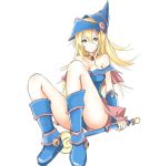 1girl artist_request bare_legs blonde_hair boots breasts dark_magician_girl duel_monster female full_body hat legs looking_at_viewer magical_girl sitting skirt smile solo wand witch_hat yu-gi-oh! yuu-gi-ou_duel_monsters 