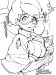  1girl boris_(noborhys) breasts clipboard glasses looking_at_viewer monochrome pokemon sweater wicke_(pokemon) 